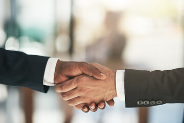 Handshake, partnership and b2b with business people in the office for an agreement or deal...