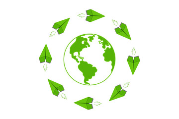 Green paper planes with green world icon, eco-friendly business and environmental concept
