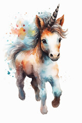 Naklejka na ściany i meble Cute Unicorn drawn in Watercolors. Einhorn. Generative AI
