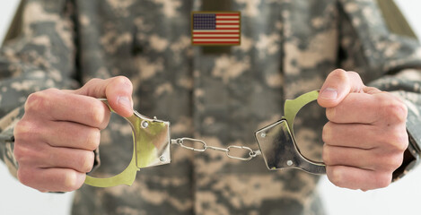American military soldier in handcuffs.