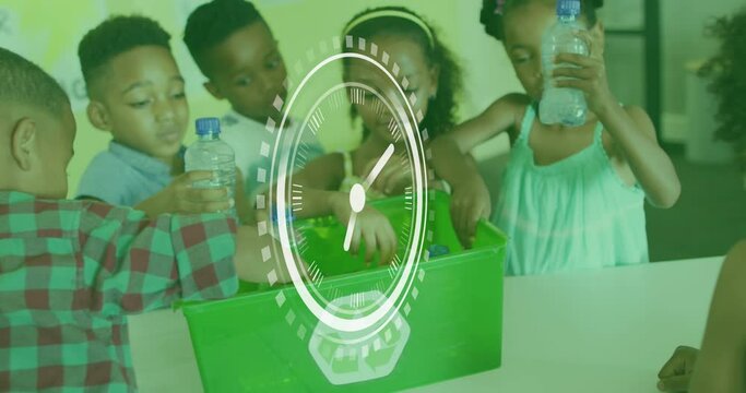 Animation of clock over diverse schoolchildren recycling plastic in class