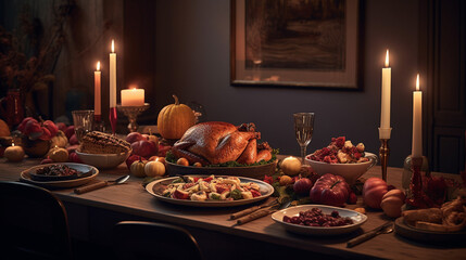 Fototapeta premium Generative Ai. Thanksgiving Dinner with Traditional American Foods