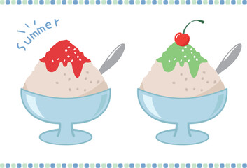 イチゴ味とメロン味のかき氷のイラスト