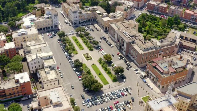 Aerial view of Piazza Libert&agrave; in the historical center of Latina, Lazio, Italy. In this square is located the Government Palace, now the Prefecture building, symbol of fascist rationalist architecture