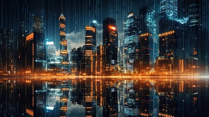 Fototapeta na wymiar Modern tech cityscape with binary code around reflective skyscrapers. generative ai