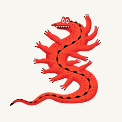 Fototapeta premium Cute cartoon vector monster. Monster character lizard amphibian with stipple texture. Hand-drawn illustration in Vector bold modern style.