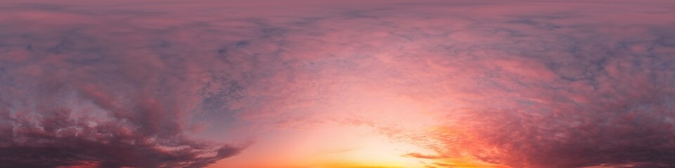 Sunset sky panorama with bright glowing pink Cumulus clouds. HDR 360 seamless spherical panorama. Full zenith or sky dome in 3D, sky replacement for aerial drone panoramas. Climate and weather change.