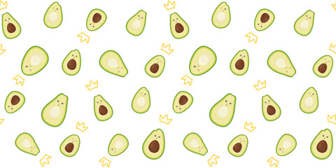 Cute avocado with funny faces and crowns on a white background. Endless texture with kawaii fruit characters. Half an avocado with and without pit. Vector seamless pattern for wrapping paper and print