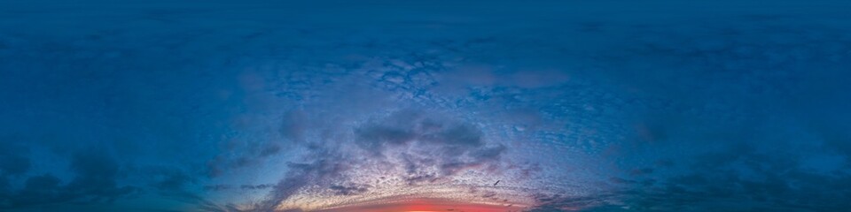 Sunset sky panorama with bright glowing pink Cumulus clouds. HDR 360 seamless spherical panorama. Full zenith or sky dome in 3D, sky replacement for aerial drone panoramas. Climate and weather change.
