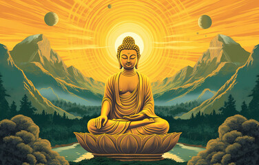 Buddha sitting in lotus position in the mountains. illustration, Generative AI.