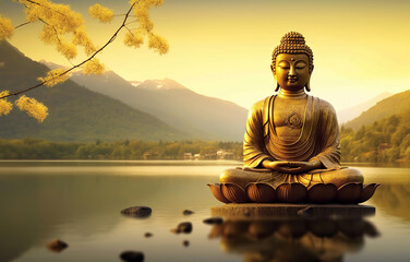 Golden buddha statue on the mountain background with copy space, Generative AI.