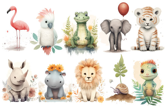 Watercolor set of Cute Baby lion, hippopotamus, rhinoceros, flamingo, elephant