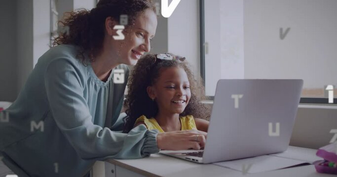 Animation of data processing over happy diverse female teacher and schoolgirl using laptop in class