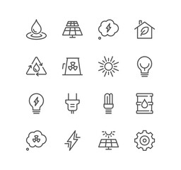 Set of energy types related icons, power station, solar cells, fossil fuels, renewable, turbine, ecology, lightning and linear variety symbols.