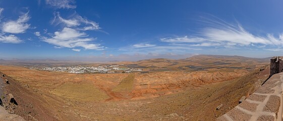 Panoramic view over Teguise town on Lanzarote from Santa Barbara Castle