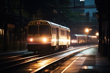 Naklejka na ściany i meble Trains in Action: Vibrant Long Exposure Photo Showcasing the Motion and Energy
