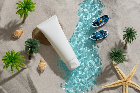 Natural summer concept with an unlabeled tube displayed with palm trees, seashells, boats, a lake and a starfish. Mockup design