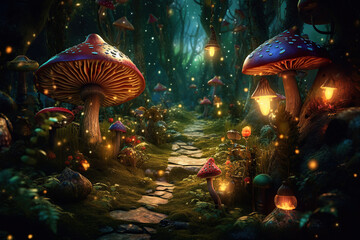 Magical glowing mushrooms in a fabulous forest thicket. Generative AI illustration.
