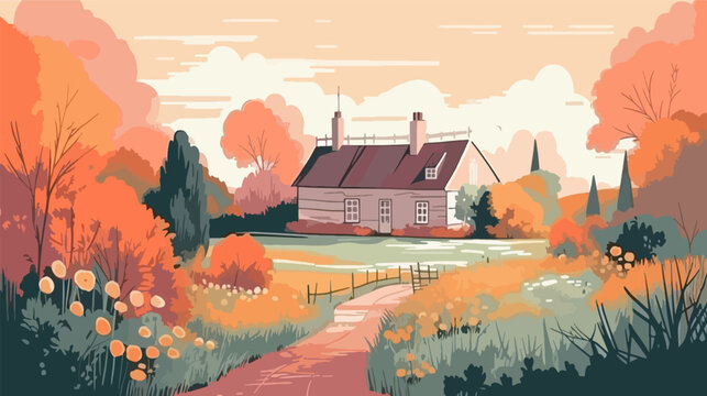 British countryside, English country garden, flat vector illustration, EPS 10.