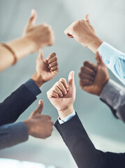 Business people, hands and thumbs up in teamwork for winning, success or company goals at office. Hand of employee group showing thumb emoji, yes sign or like for team unity, win or victory together