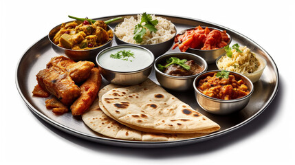 Plate of Indian food, curry butter chicken, palak paneer, chiken tikka, biryani, on white background Generative AI