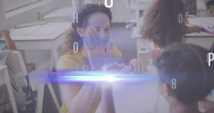 Animation of data processing over happy diverse female teacher and schoolgirl high fiving in class - Powered by Adobe