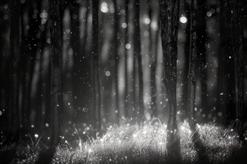 Black and white illustration of glitter emerald background, forest litter night style - created with generative AI technology