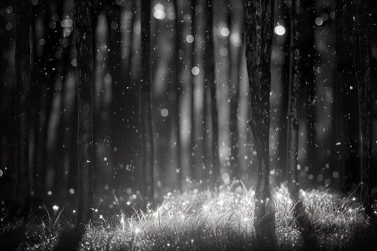 Black and white illustration of glitter emerald background, forest litter night style - created with generative AI technology © Damian