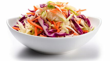 A bowl of coleslaw with carrots and cabbage white background Generative AI