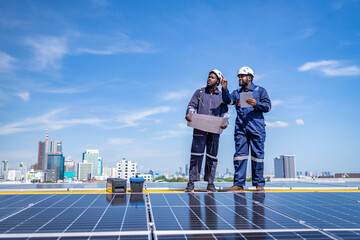 Engineers walking on roof inspect and check solar cell panel by hold blue print  and tablet ,solar cell is smart grid ecology energy sunlight alternative power factory concept.