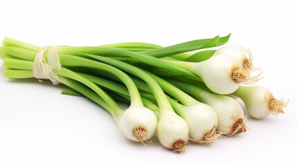 A bunch of green onions on a white background Generative AI