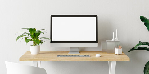 Modern computer with blank screen in a modern desk. 3d render