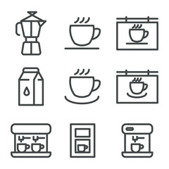 Simple set of coffee related vector line icons. Contains such Icons as Cezve, coffee maker machine, beans and more. Editable move.