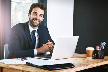 Computer, portrait and business man in office, happy planning, accounting review or finance mindset with website. Face of professional person, financial expert or accountant working on laptop tech