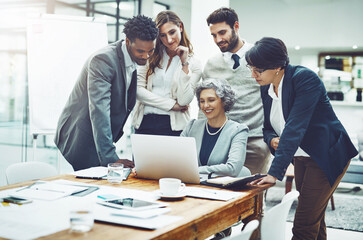 Fototapeta premium Business people, laptop or woman coaching in meeting typing up ideas, strategy or planning a project. Mentor, teamwork or employees learning in group training with leadership or vision in office