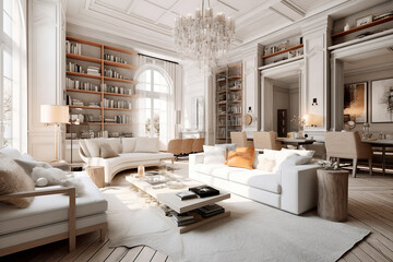 Paneling walls with moldings and cornices in classic room. Interior design of neoclassical living room with bookshelves. Created with generative AI - obrazy, fototapety, plakaty