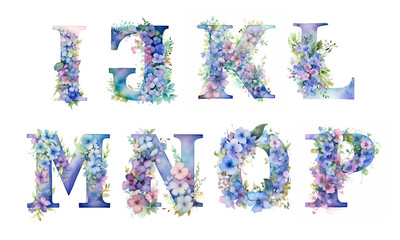 Watercolor cute letters with spring wildflowers. Pastel pink, blue, violet, lilac colors. Simple flowers, green leaves. Сapital letters of the English alphabet: i, j, k, l, m, n, o, p. AI generated - obrazy, fototapety, plakaty