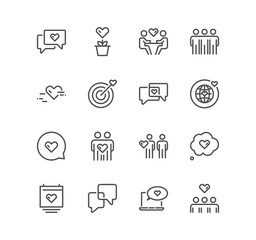 Set of friendship and love related icons, mutual understanding, interaction, assistance business, trust, social responsibility and linear variety symbols.