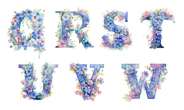 Watercolor cute letters with spring wildflowers. Pastel pink, blue, violet, lilac colors. Simple flowers, green leaves. Сapital letters of the English alphabet: q, r, s, t, u, v, w . AI generated