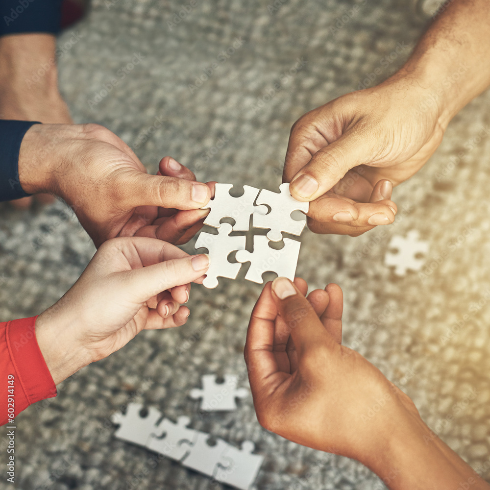 Aufkleber Hands, team and puzzle for teamwork or collaboration of business people for challenge or project. Above group of employees or friends building jigsaw together for solution, synergy or problem solving