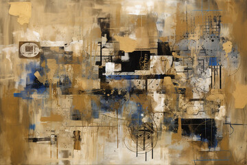 Multimedia Fusion A Tapestry of Urban Artistry in Gold and Blue Hues AI generated