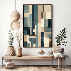 Wooden bench and art poster on white wall. Interior design of mid-century living room. Created with generative AI