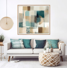 White sofa and colorful cushion and art poster on white wall. Interior design of mid-century living room. Created with generative AI