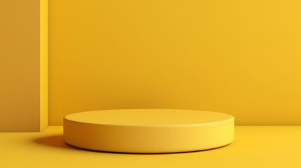 Yellow background 3D round podium platform studio stage. Pedestal presentation product abstract circle platform sale cosmetic object. Modern yellow cylinder room studio. Generative AI illustration.