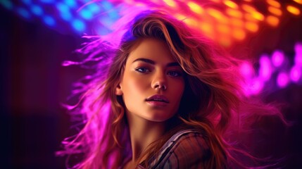 Obraz na płótnie Canvas Model woman face illuminated by neon lights. Generative AI
