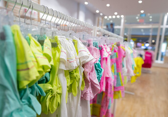 Bright colorful kids clothing in the store