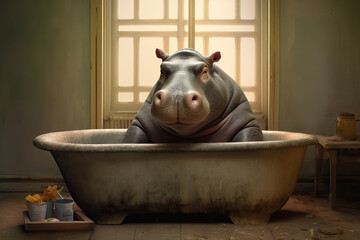 hippo sitting in bathtub, ai generated