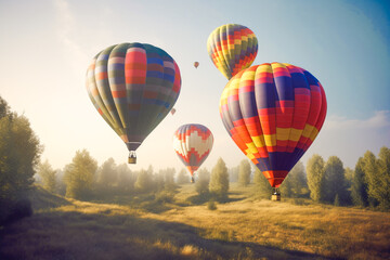 Naklejka premium Colorful hot air balloons fly over green hills and tree-covered fields. Colorful hot air balloons on the blue sky with clouds are flying over the forest. Generative AI