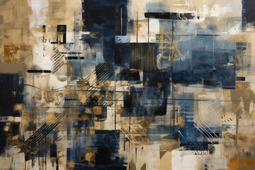 Multimedia Fusion A Tapestry of Urban Artistry in Gold and Blue Hues AI generated