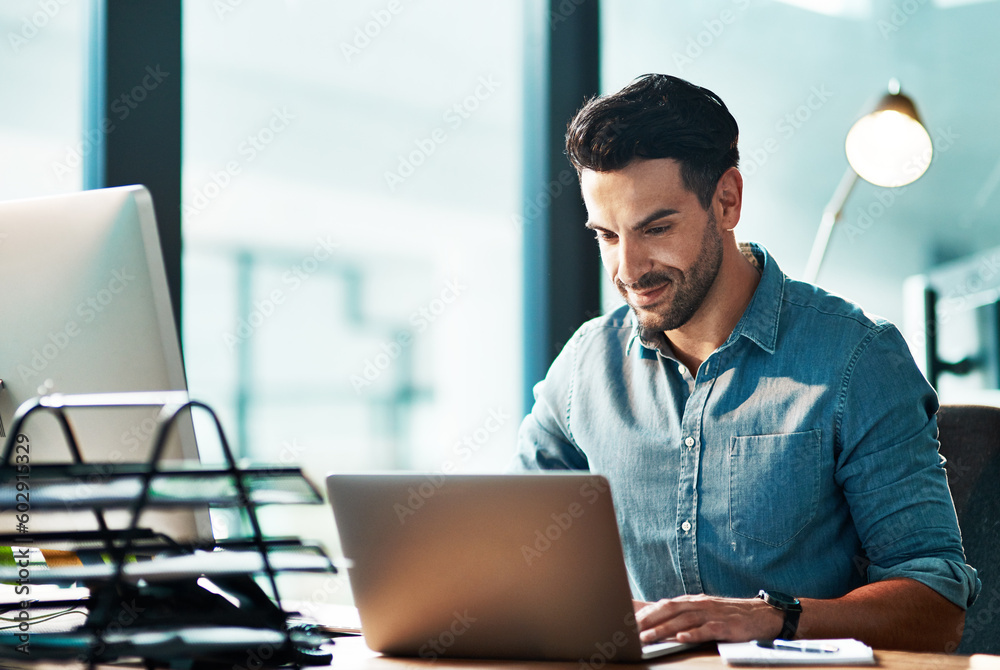 Poster business man, laptop and typing in office for planning strategy, online research and working at desk